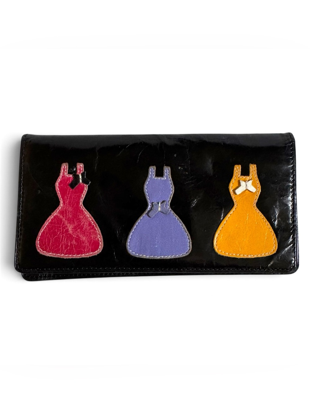 Perlina Black Leather Bifold Wallet Whimsical Dress & Bow Appliqué